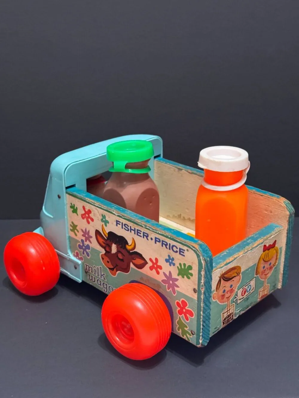 Fisher Price Pull Toy Milk Wagon 131 with Two Bottles, Vintage Circa 1965-1972